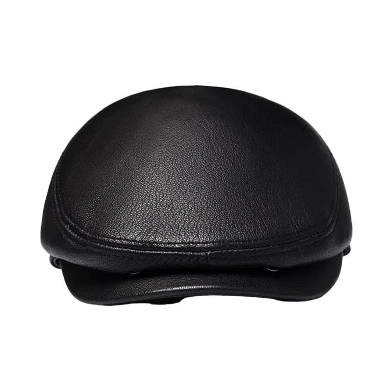 Atlanta Men's Genuine Leather Flat Cap with Earflaps in Black – view 3
