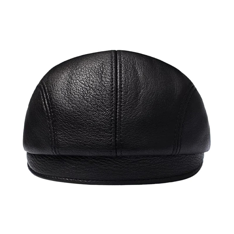Atlanta Men's Genuine Leather Flat Cap with Earflaps in Black – view 4