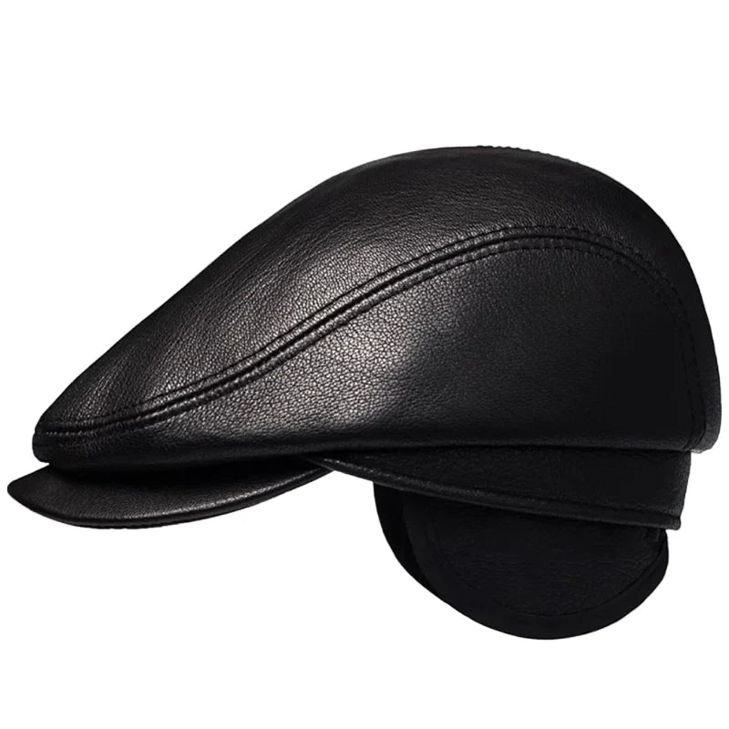 Atlanta Men's Genuine Leather Flat Cap with Earflaps in Black – view 5