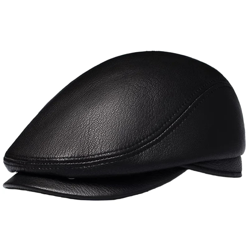 Atlanta Men's Genuine Leather Flat Cap with Earflaps in Black – view 1