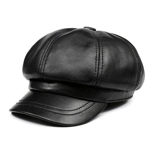 Aviñon Men's Cowhide Leather Newsboy Cap – Smooth Genuine Leather, Short Peak, Three Sizes 55–60 cm