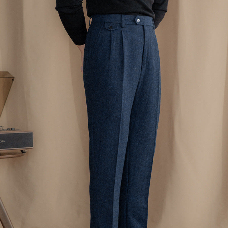 Mayfair Men's Herringbone Wool Trousers – High Waist, Pleated Front with Buttoned Side Adjusters