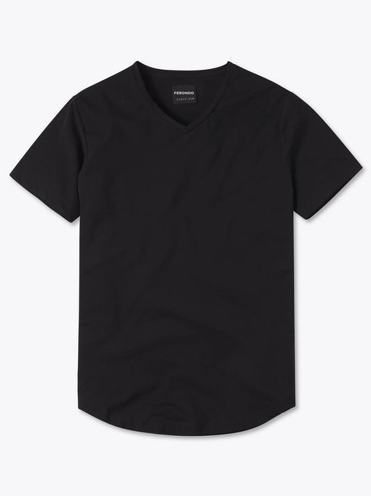 Men's V-Neck Curved Hem T-Shirt – Tailored Fit, Soft Durable Fabric, Reduced Waist Bunching | Black