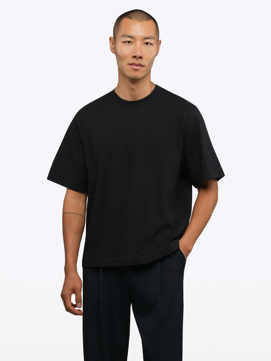 Men's Heavyweight Cotton Boxy T-Shirt – Cropped Length, Wide Ribbed Collar, Structured Shape | Black