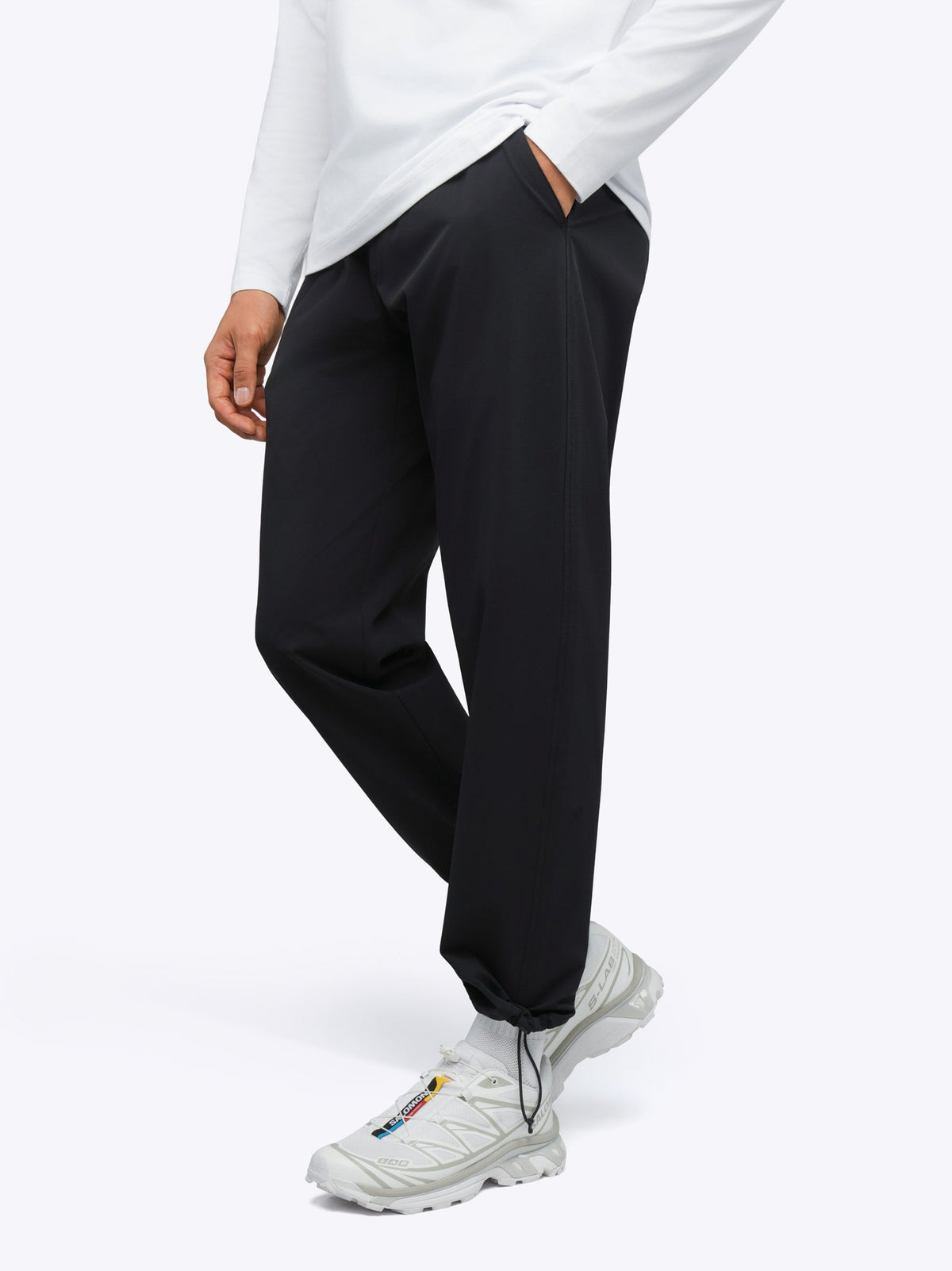 Men's Modern Slim Tech Trousers – Matte 4-Way Stretch Fabric, Hidden Cuff Cinch, Back Zip Pocket | Black