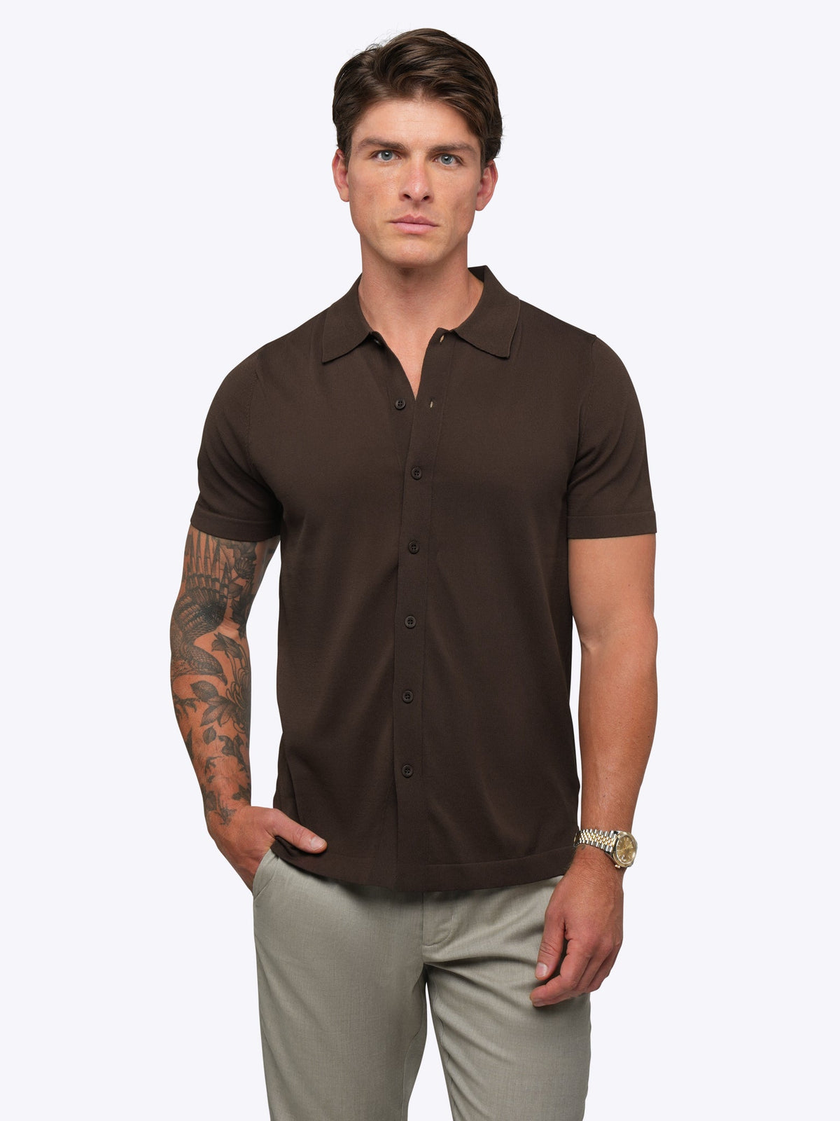 Riviera Men's Knit Button-Up Shirt in Burnt Oak – view 2