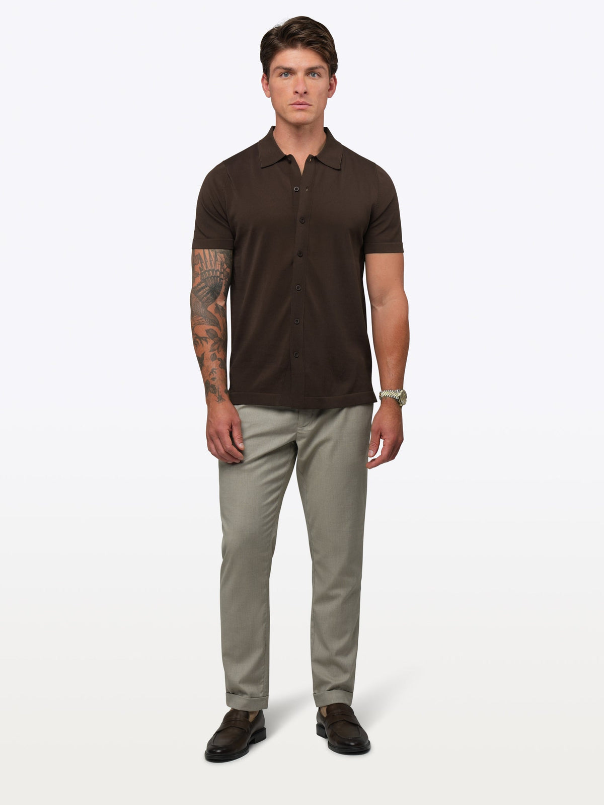 Riviera Men's Knit Button-Up Shirt in Burnt Oak – view 5