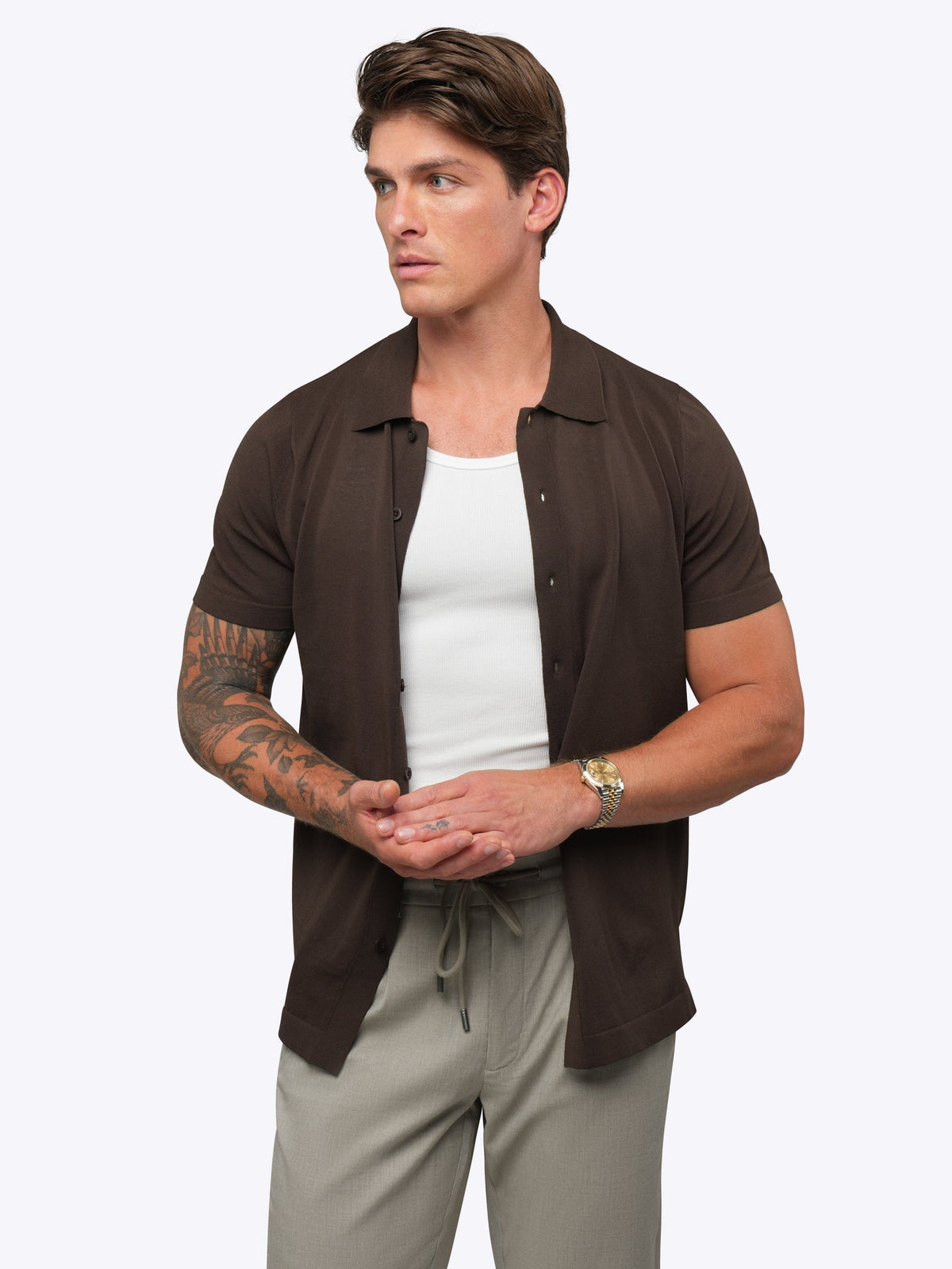 Riviera Men's Knit Button-Up Shirt in Burnt Oak – view 3