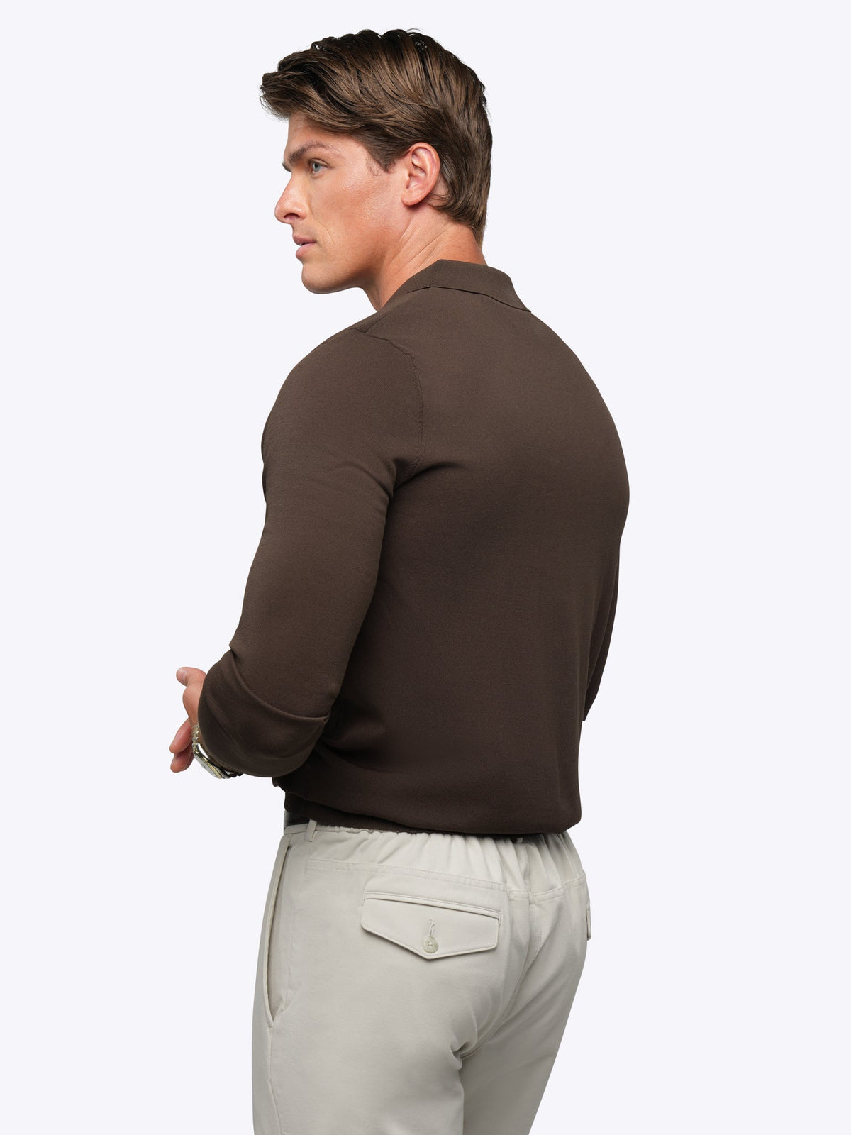 Riviera Men's Knit Long Sleeve Polo in Burnt Oak – view 3