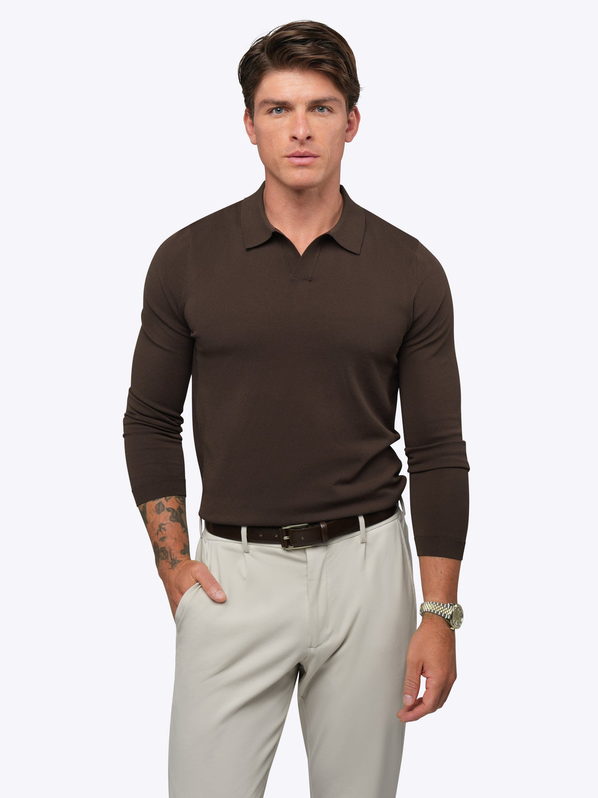 Riviera Men's Knit Long Sleeve Polo in Burnt Oak – view 2
