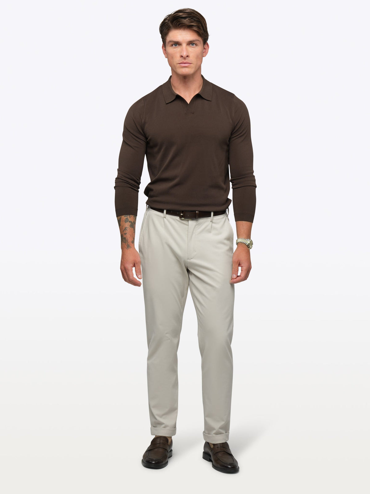 Riviera Men's Knit Long Sleeve Polo in Burnt Oak – view 4