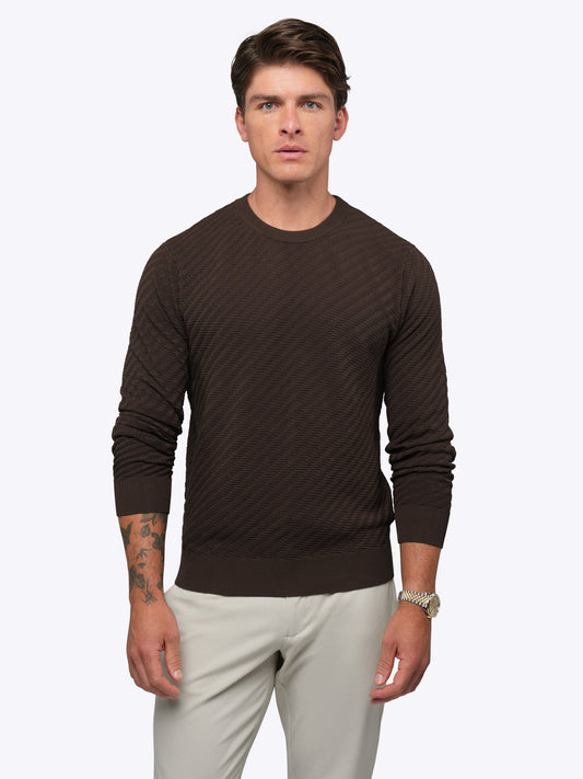 Riviera Men's Textured Knit Long Sleeve T-Shirt – Lightweight Breathable Knit, Crew Neck | Burnt Oak