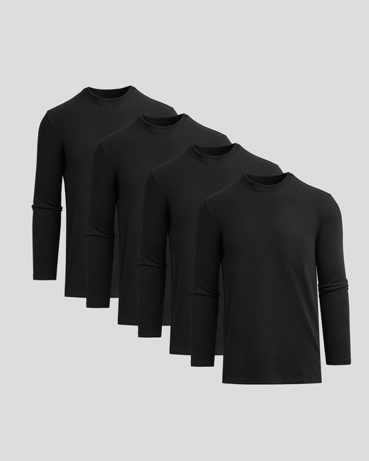 Men's Tall Heavyweight Long Sleeve Pocket Tee 4-Pack – Extra Length, Cotton Blend | Black