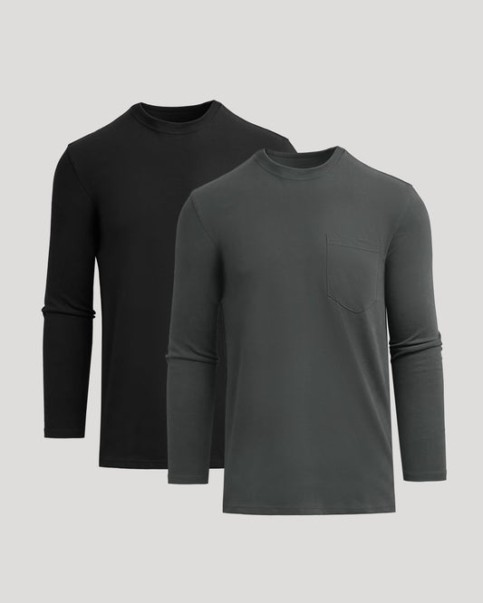 Men's Tall Heavyweight Long Sleeve Pocket Tee 2-Pack – Extra Length, Cotton Blend | Black & Carbon