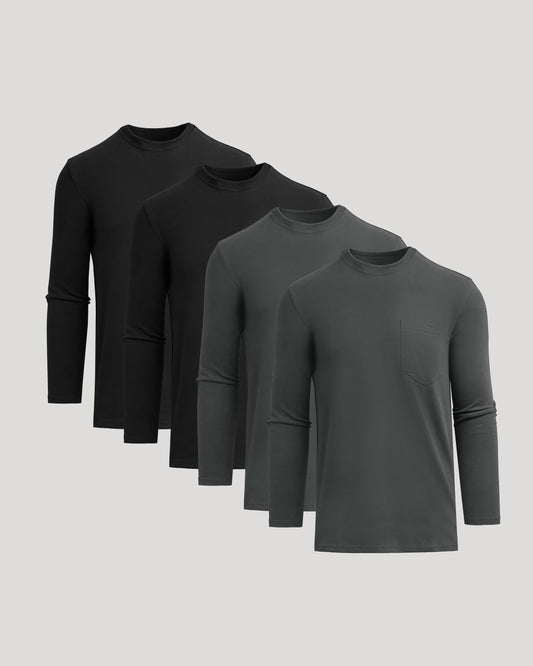 Men's Tall Heavyweight Long Sleeve Pocket Tee 4-Pack – Extra Length, Cotton Blend | Black & Carbon
