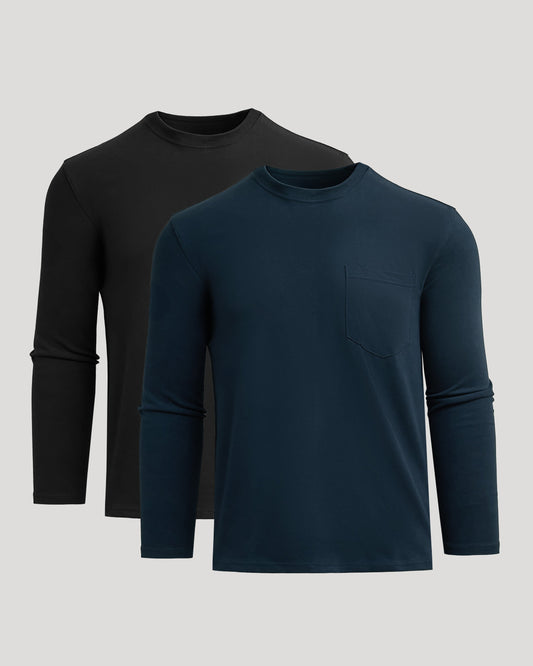 Men's Heavyweight Long Sleeve Pocket Crew T-Shirt 2-Pack – Cotton Blend, Chest Pocket | Black & Navy