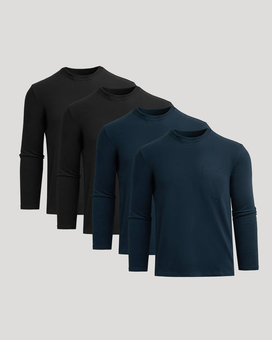 Men's Heavyweight Long Sleeve Pocket T-Shirt 4-Pack – Cotton Blend, Chest Pocket | Black & Navy
