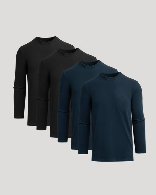 Men's Tall Heavyweight Long Sleeve Pocket Tee 4-Pack – Extra Length, Cotton Blend | Black & Navy