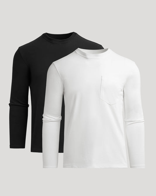 Men's Heavyweight Long Sleeve Pocket T-Shirt 2-Pack – Cotton Blend, Chest Pocket | Black & White