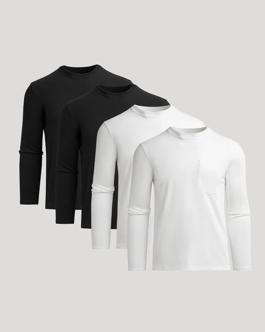 Men's Heavyweight Long Sleeve Pocket T-Shirt 4-Pack – Cotton Blend, Chest Pocket | Black & White