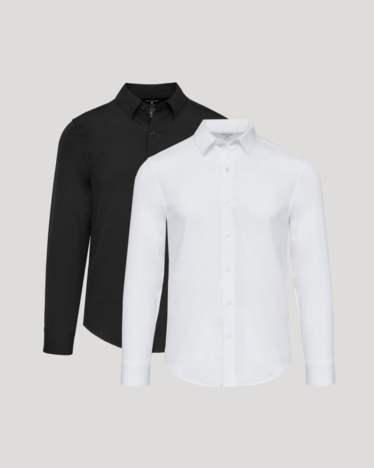 Men's Long Sleeve Performance Dress Shirt 2-Pack – 4-Way Stretch, Wrinkle-Resistant | Black & White
