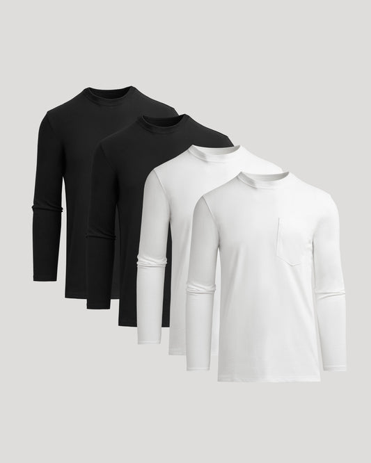 Men's Tall Heavyweight Long Sleeve Pocket Tee 4-Pack – Extra Length, Cotton Blend | Black & White