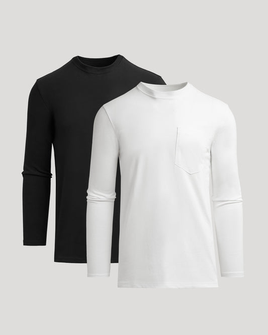 Men's Tall Heavyweight Long Sleeve Pocket Tee 2-Pack – Extra Length, Cotton Blend | Black & White