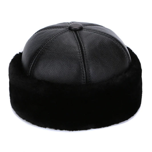 Brest Men's Sheepskin Leather Winter Docker Cap – Warm Fleece Lining, Brimless Shape, Three Sizes