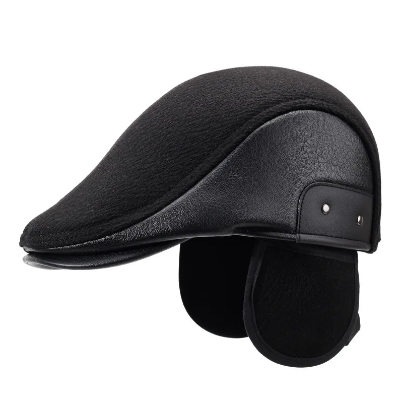 Men's Vegan Leather Duckbill Flat Cap – Folding Earflaps, Wind-Resistant Winter Warmth, Adjustable 55–61 cm | Grey, Black