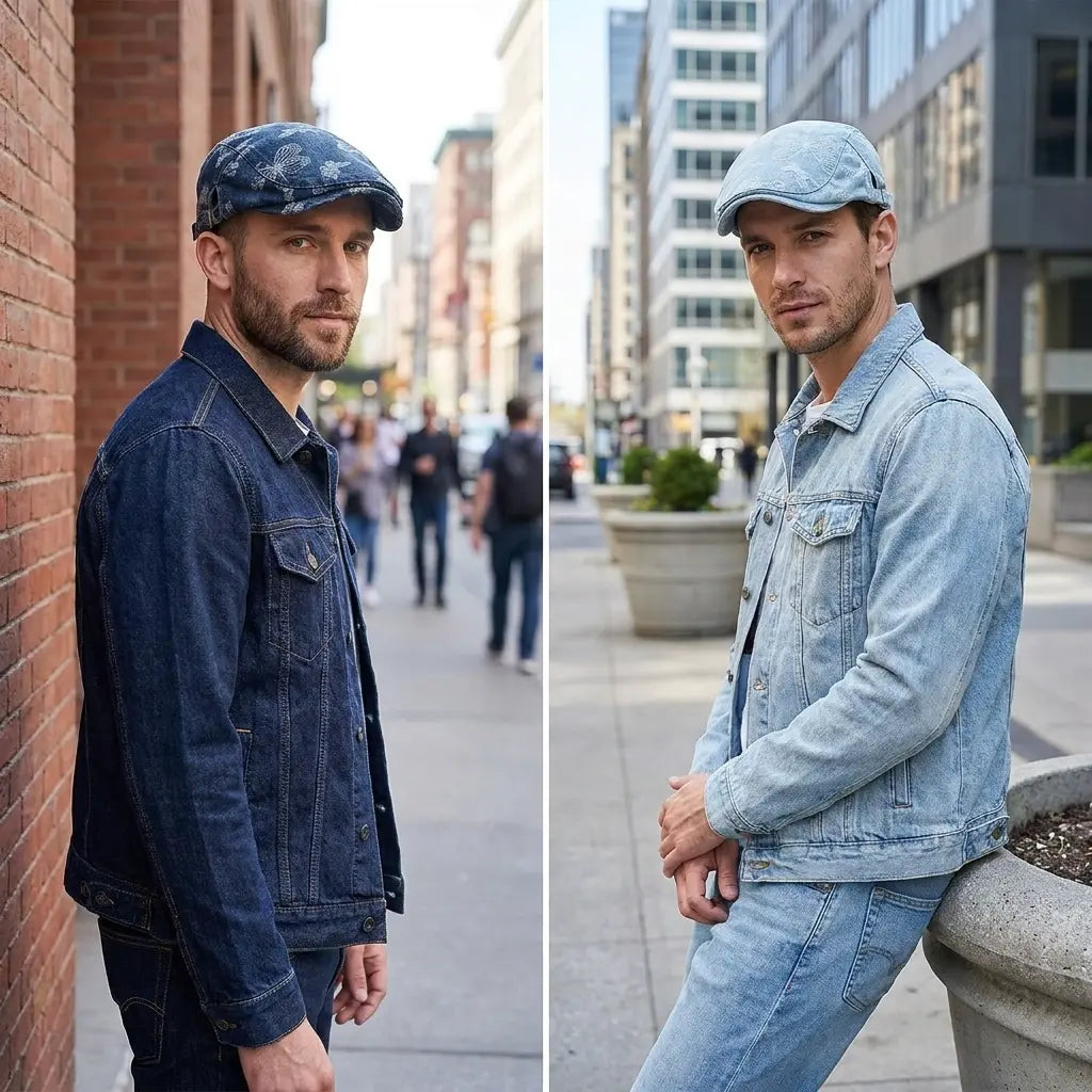 Butterflies Men's Denim Flat Cap – Organic Cotton and Acrylic Denim, Butterfly Pattern, Adjustable 54–60 cm