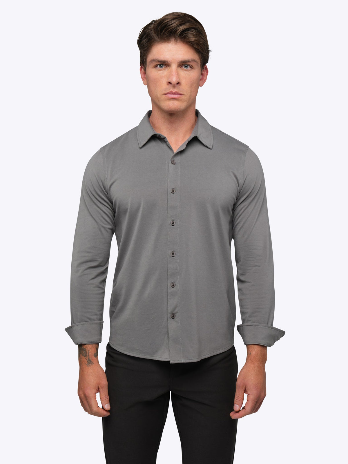 Men's Long Sleeve Stretch Button-Up Shirt in Charcoal – view 2