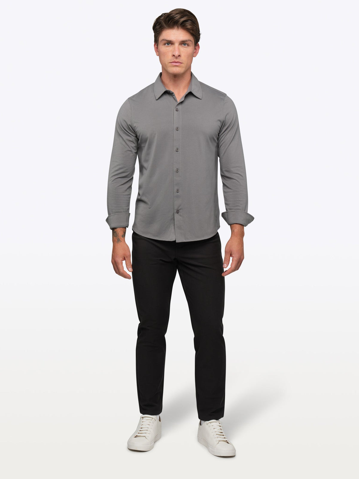 Men's Long Sleeve Stretch Button-Up Shirt in Charcoal – view 4