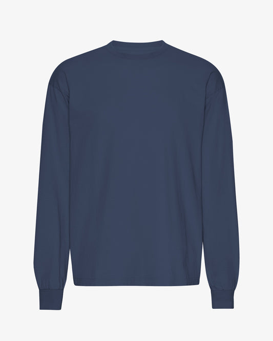 Men's Organic Cotton Oversized Long Sleeve T-Shirt – Garment Dyed, Dropped Shoulders, Boxy Cut | Petrol Blue