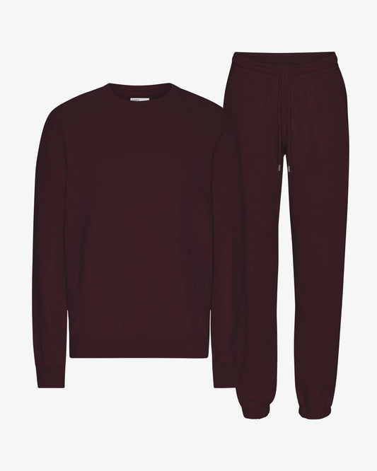 Men's Organic Cotton Crewneck Sweatsuit – Classic Fit Sweatshirt, Tapered Drawstring Sweatpants | Oxblood Red