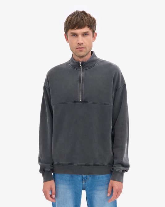 Men's Oversized Organic Cotton Quarter Zip Jumper in Faded Black – view 2