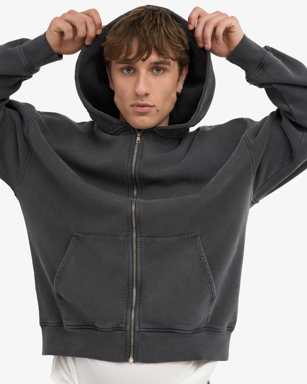 Men's Organic Cotton Oversized Zip Hoodie – Full-Zip Front, Garment-Dyed, Relaxed Fit | Faded Black – view 6
