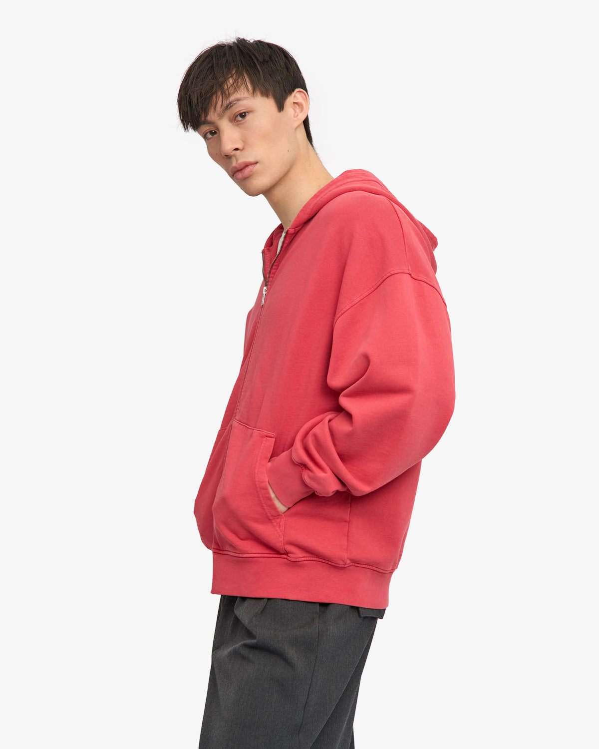 Men's Organic Cotton Oversized Zip Hoodie in Faded Red – view 3