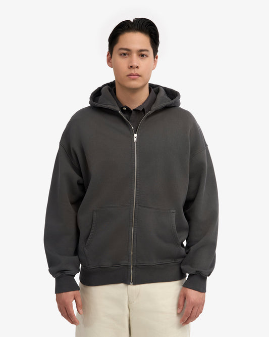 Men's Organic Cotton Oversized Zip Hoodie – Full-Zip Front, Garment-Dyed, Relaxed Fit | Lava Grey
