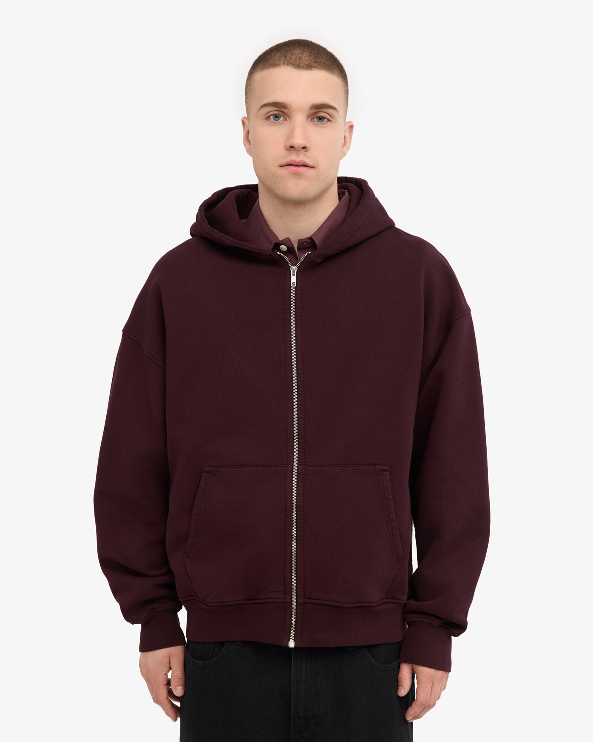 Men's Organic Cotton Oversized Zip Hoodie in Oxblood Red – view 2