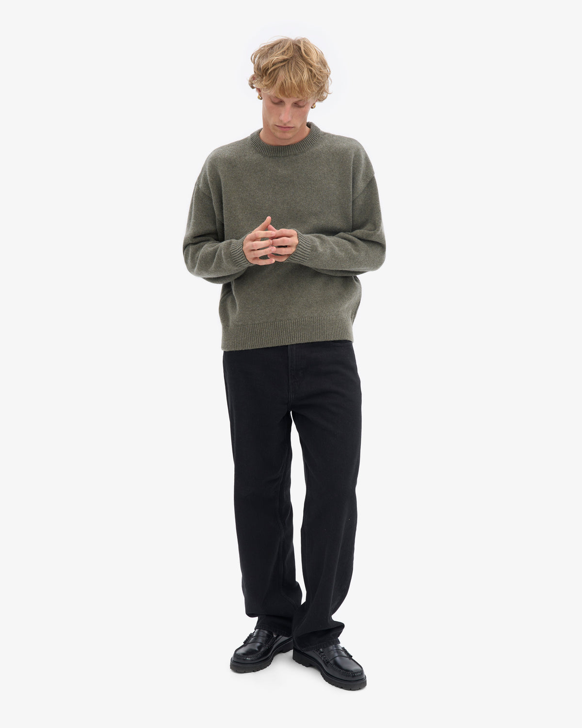 Men's Oversized Merino Wool Crew Neck Jumper in Dusty Olive – view 5