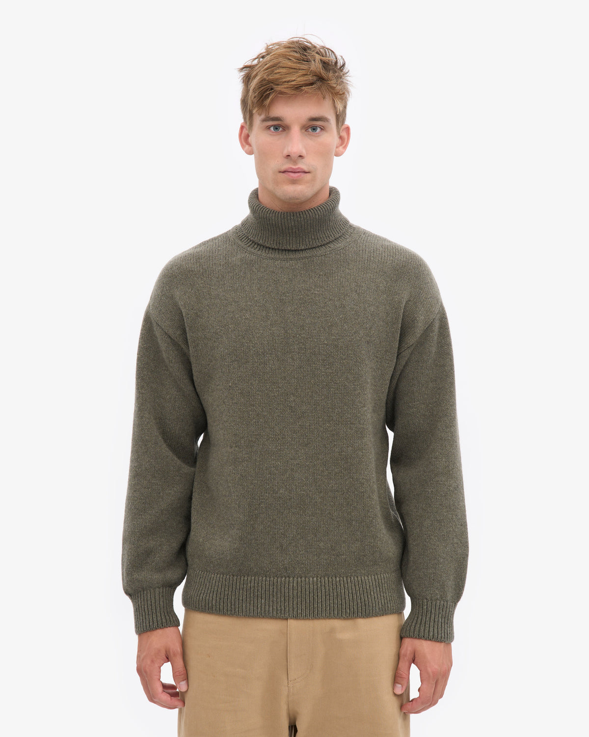 Men's Recycled Merino Wool Turtleneck Jumper in Dusty Olive – view 2