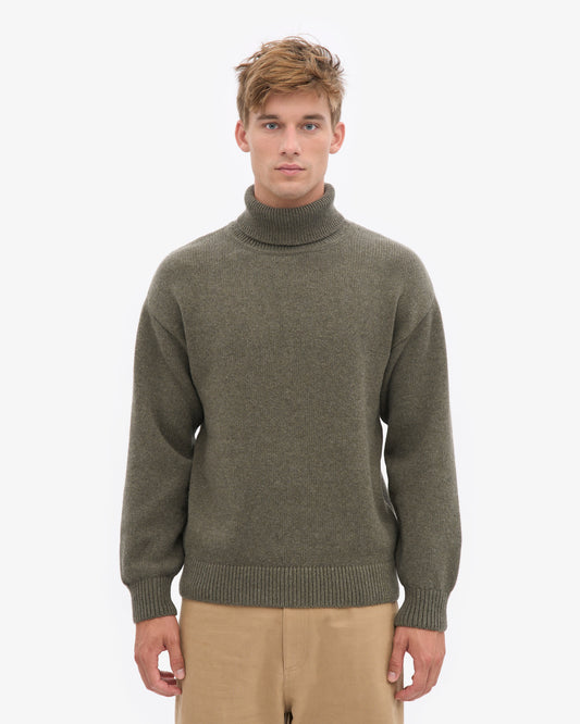 Men's Recycled Merino Wool Turtleneck Jumper in Dusty Olive – view 2