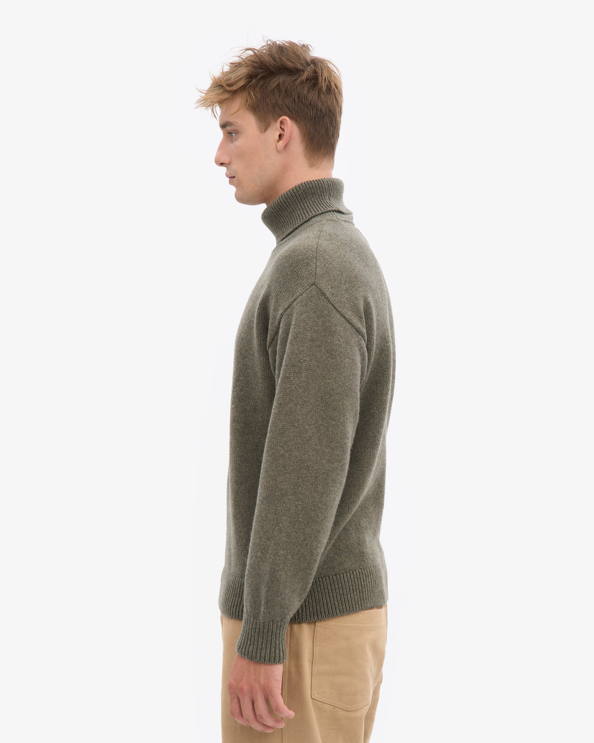 Men's Recycled Merino Wool Turtleneck Jumper in Dusty Olive – view 3