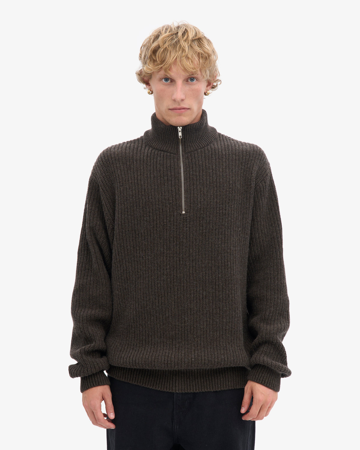 Men's Recycled Merino Wool Quarter Zip Jumper in Coffee Brown – view 2