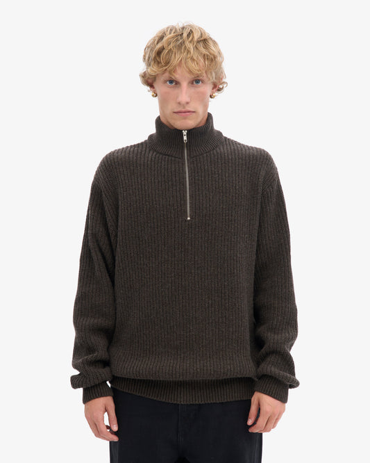 Men's Recycled Merino Wool Quarter Zip Jumper in Coffee Brown – view 2