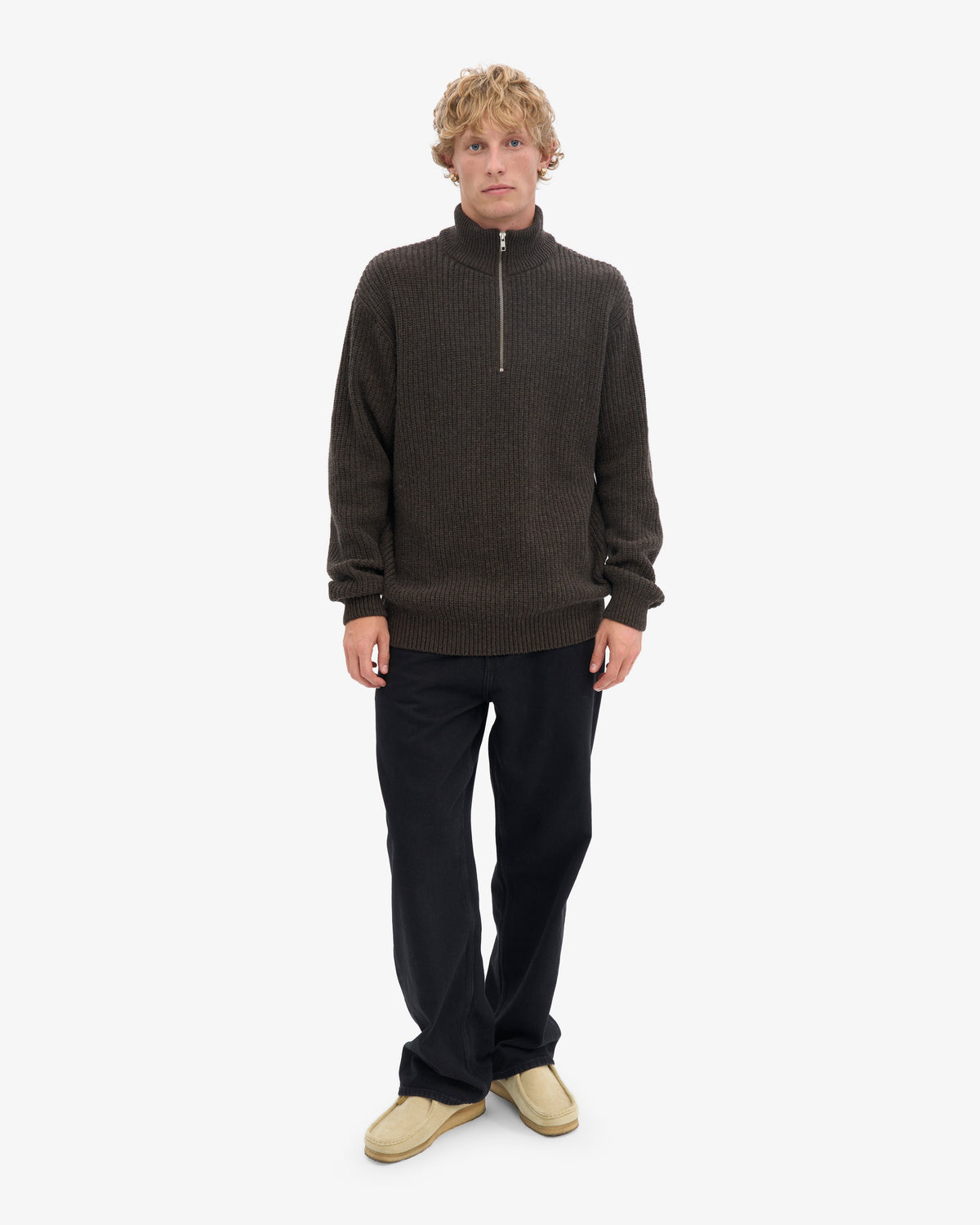 Men's Recycled Merino Wool Quarter Zip Jumper in Coffee Brown – view 5
