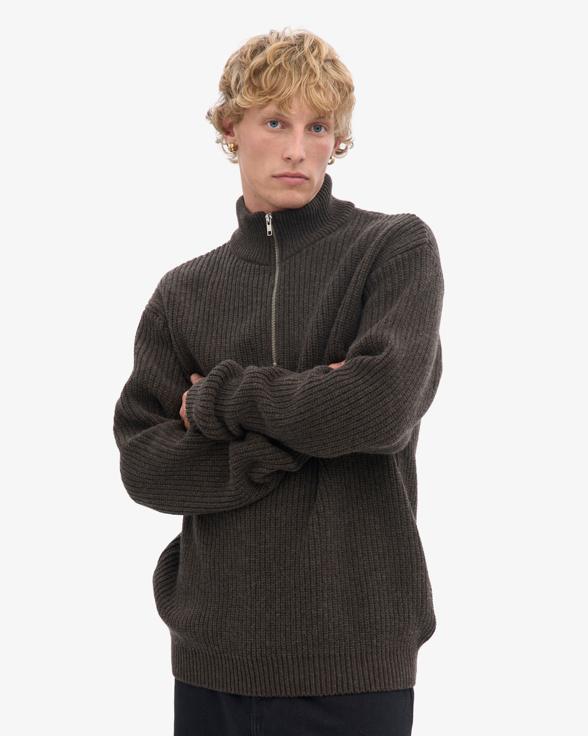 Men's Recycled Merino Wool Quarter Zip Jumper in Coffee Brown – view 6