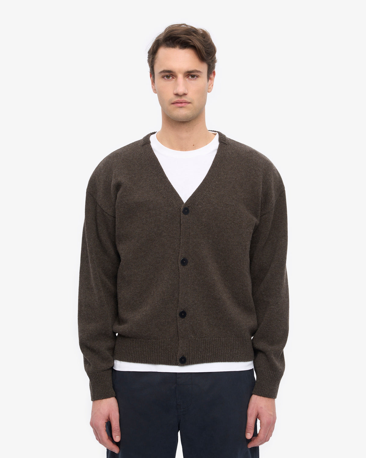 Men's Merino Wool V-Neck Cardigan in Coffee Brown – view 2