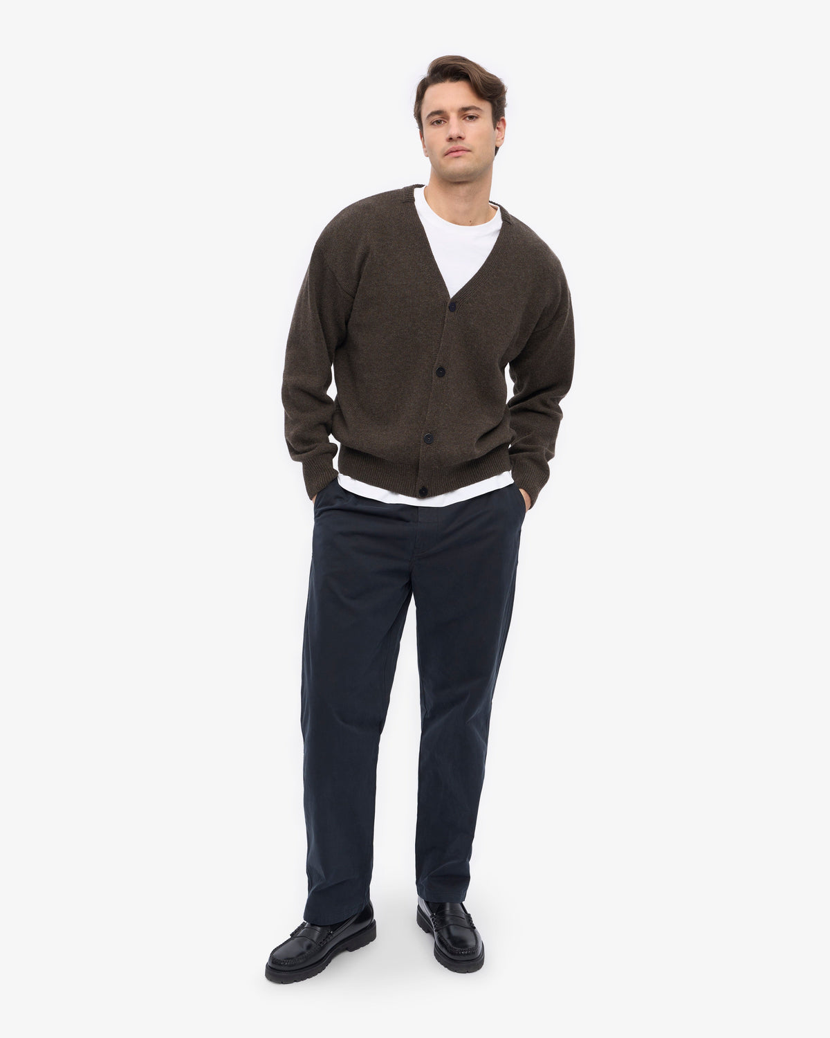 Men's Merino Wool V-Neck Cardigan in Coffee Brown – view 5