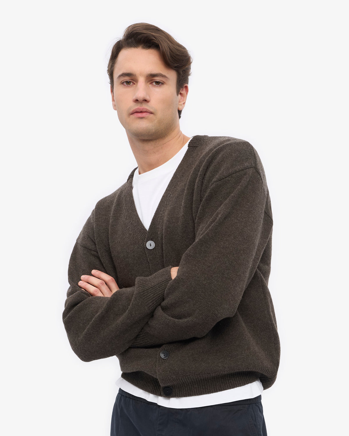Men's Merino Wool V-Neck Cardigan in Coffee Brown – view 6